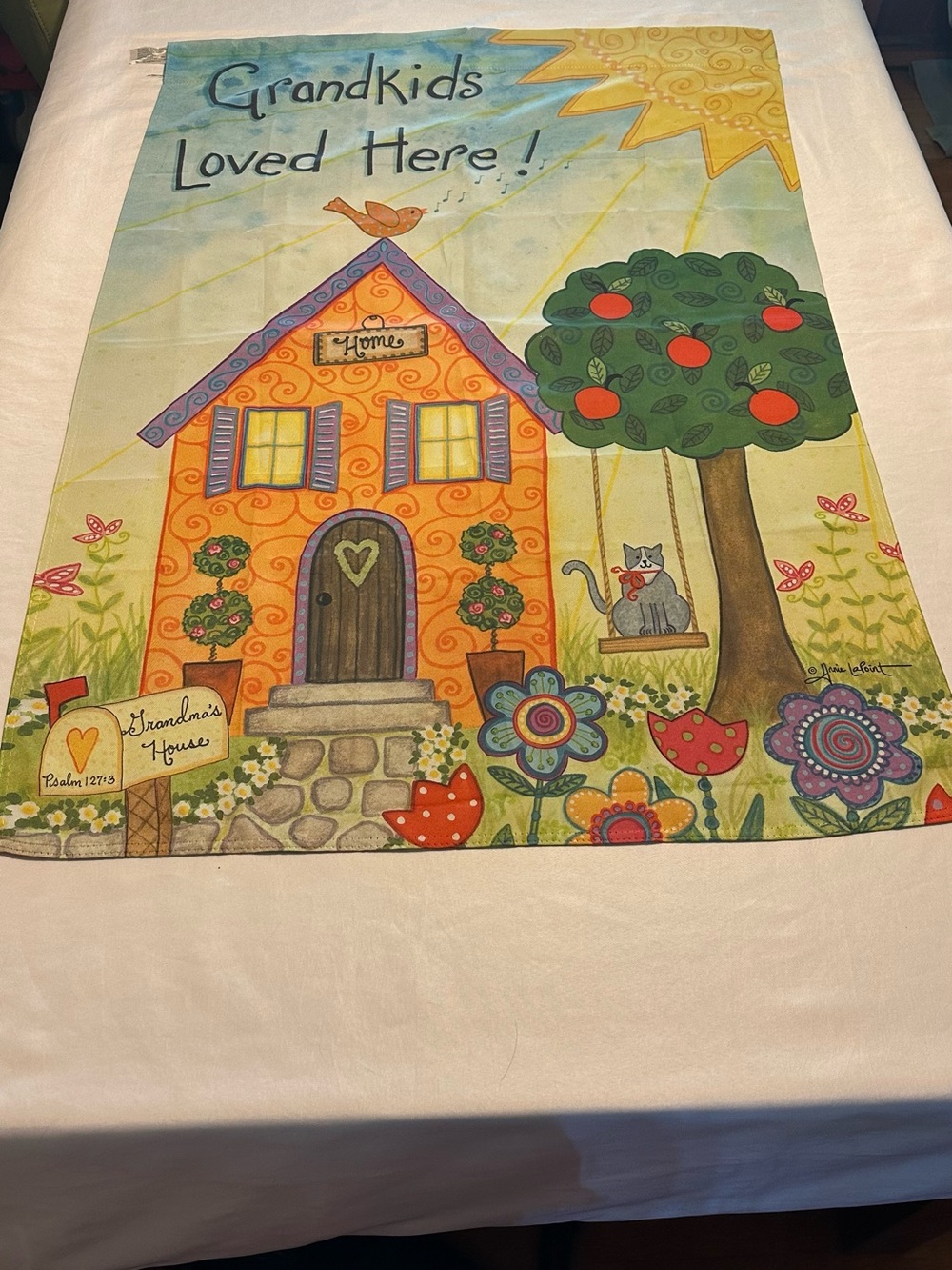 Grandkids Loved Here! Decorative Garden Flag - Orange & Green